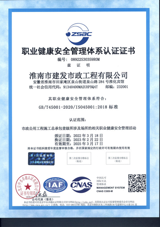 职业康健清静治理系统认证证书